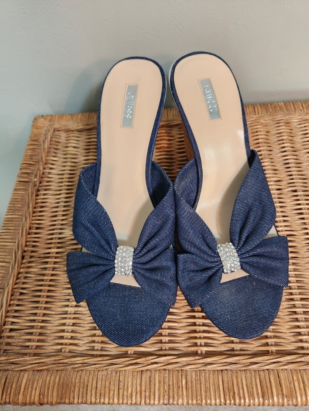 Guess Navy Bow Slide Sandals with Rhinestone Accent